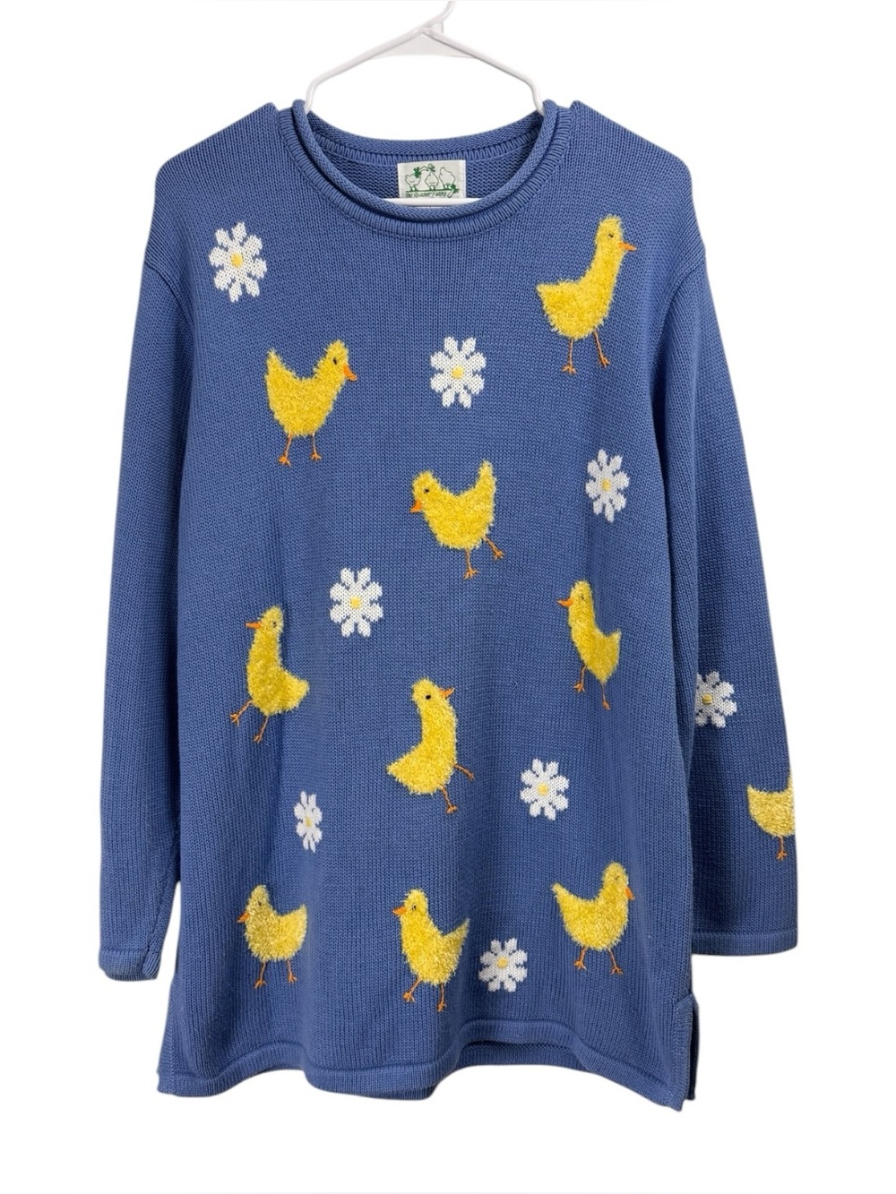 Vintage Quacker Factory Size Large Tunic Sweater Blue Chick Daisy Embroidered